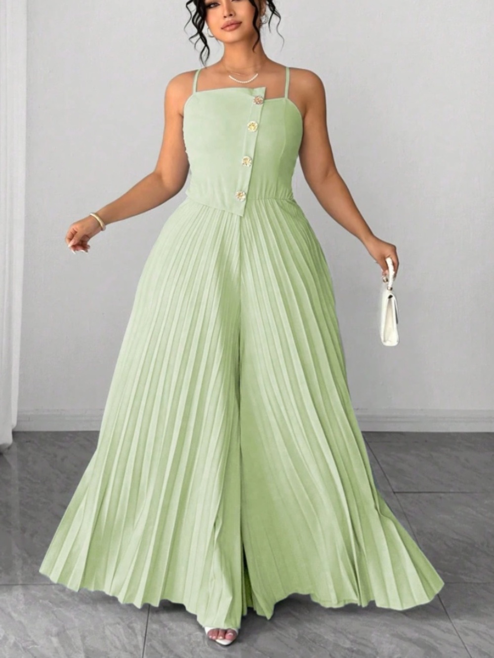 Asymmetrical Collar Pleated Wide Leg Jumpsuit